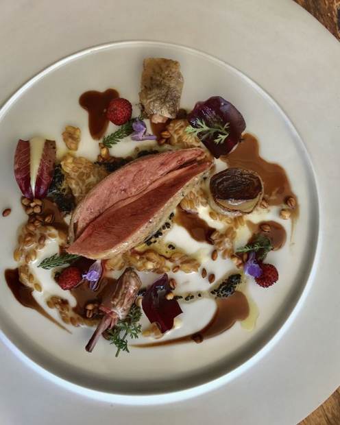 Roast duck breast with ancient grains, endive and jus — fine dining at sea by chef Troy Davidson