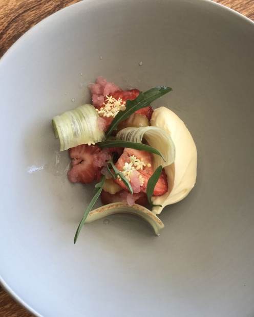 Strawberry, rhubarb and elderflower dessert with cream, seasonal plating by chef Troy Davidson