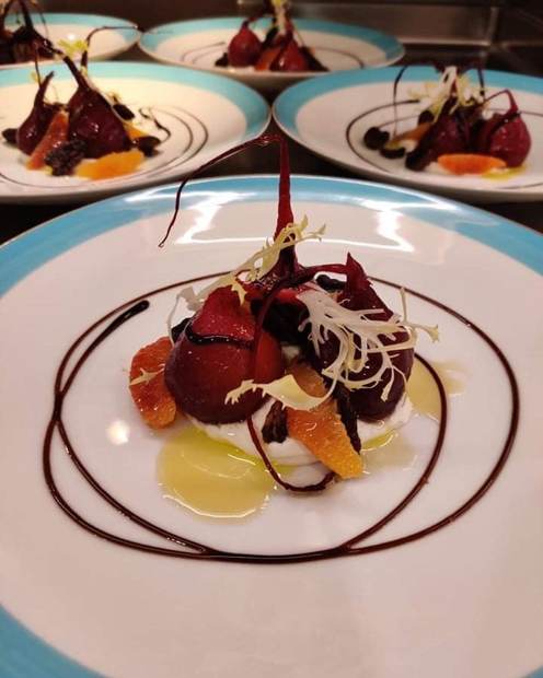Salt-baked baby beets with citrus and creme fraiche, refined plant-forward dish at sea