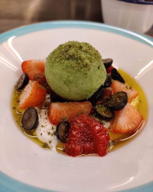 Pistachio ice cream with summer berries and yoghurt, wellness dessert by chef Troy Davidson