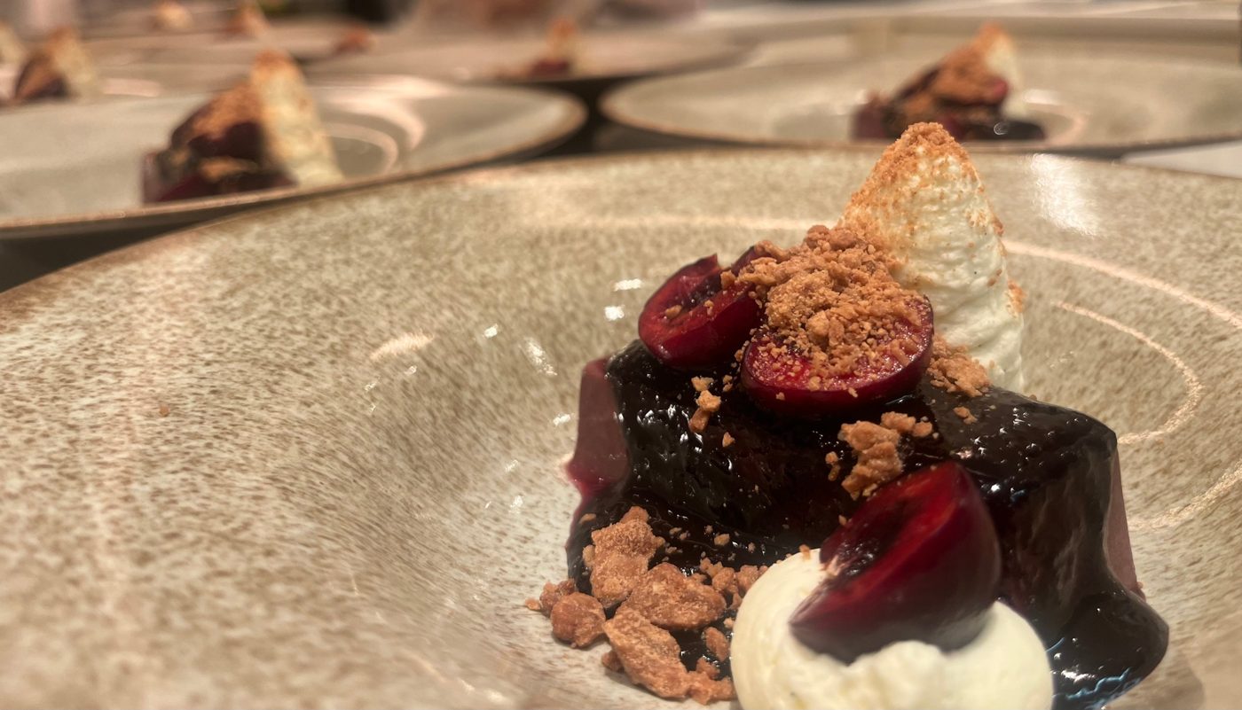 Cherry dessert with chantilly cream and brown-butter crumble by chef Troy Davidson