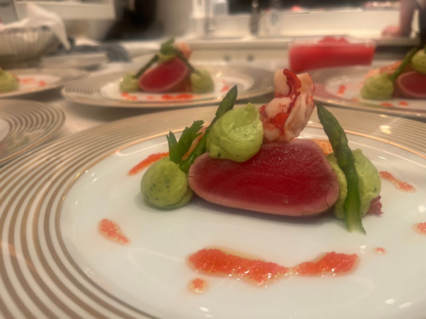 Seared tuna and lobster with avocado mousse, asparagus and salmon roe by chef Troy Davidson